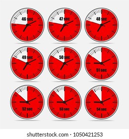 Vector illustration, increments from 46 to 54, one second interval, 3 rows and 3 columns on grey background, for business or education. Watches in flat design. Watches set 2.