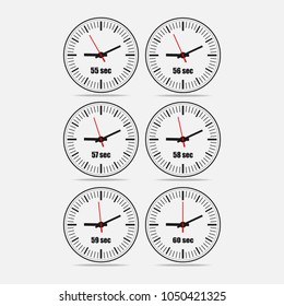 Vector illustration, increments from 55 to 60, one second interval, 3 rows and 2 columns on grey background, for business or education. Watches in flat design. Watches set 1.