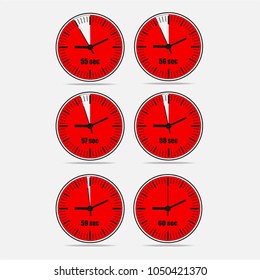Vector illustration, increments from 55 to 60, one second interval, 3 rows and 2 columns on grey background, for business or education. Watches in flat design. Watches set 2.