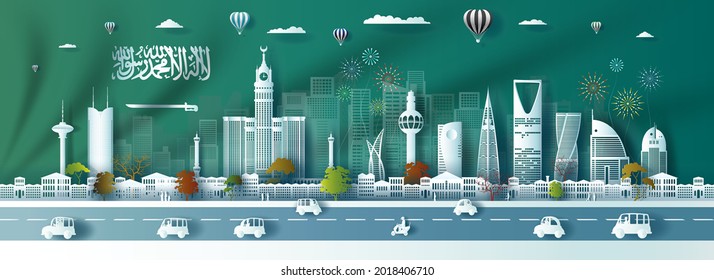 Vector illustration independence anniversary celebration nation day in Saudi arabia flag background. Travel silhouette landmarks architecture of Saudi in riyadh with origami paper art, paper cut.