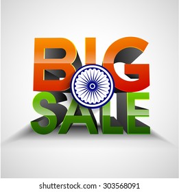 Vector illustration for independence day big sale with Asoka wheel on 3d text.