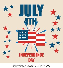 Vector illustration for Independence Day, featuring stars, American flag elements, and bold July 4th typography in red and blue colors. Editable file