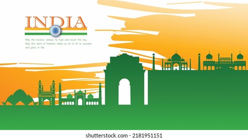 vector illustration of independence day of INDIA, 15th august with beautiful colours and indian famous historical buildings