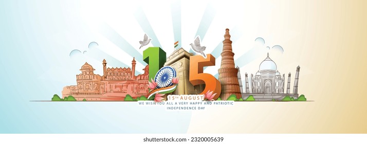 vector illustration of Independence Day of India, for 76th Independence Day of India with indian monuments sketch and Creative National Tricolor Indian flag design and flying pigeon.
