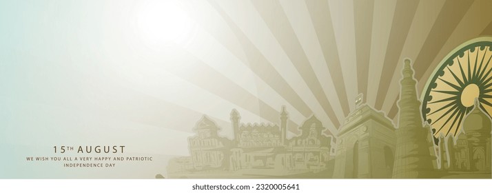 ilustración vectorial del Día de la Independencia de la India, por el 76° Día de la Independencia de la India, con el bosquejo de monumentos indios y el diseño creativo de la bandera nacional tricolor india y paloma voladora.
