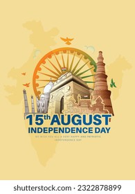 vector illustration of Independence Day of India, for 76th Independence Day of India with indian monuments sketch and Creative National Tricolor Indian flag design and flying pigeon.
