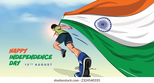 Vector illustration of independence day of india. young boy running with indian flag. 