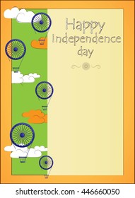 Vector illustration for independence day of India. Card with green hills, white and orange clouds on the left and place for text on the right. Lettering Happy independence day.