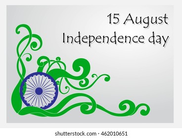Vector illustration for independence day of India. Black and white background with green sprout and blue wheel. Lettering Independence day.