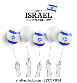 Vector Illustration of Independence Day of Israel. Hands with  Israel flag balloons
