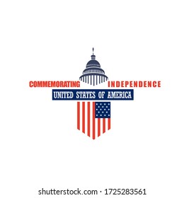 Vector illustration of Independence Day of the United States with silhouette of capitol building and flag isolated on white background good for banner, greeting card or poster elements