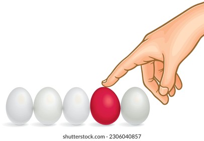 Vector illustration of index finger to point or push red eggs in horizontal row of duck eggs,red painted eggs different and eye-catching,isolated on white.Creating interest outstanding to onlookers.