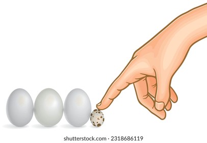 Vector illustration of index finger to point or push quail eggs in horizontal row of duck eggs,smallest egg,dotted with distinctive,natural pattern,on white.Creating interest outstanding to onlookers.