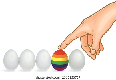 Vector illustration of index finger to point,push rainbow eggs in horizontal row of duck eggs,eye-catching colorful eggs,LGBTQ,easter egg,isolated on white.Pride month,Symbol of equality.