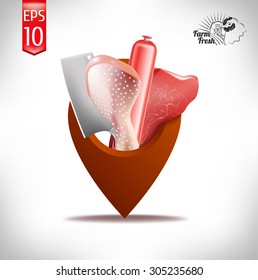 vector illustration. the index for the world map for a butcher shop . realistic meat of pork and chicken. cleaver. meat knife