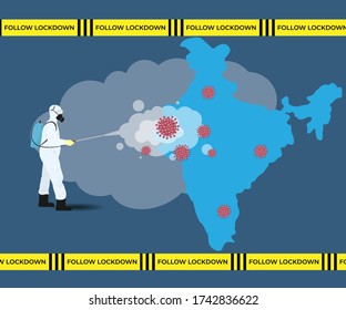 Vector illustration for India disinfectant during lock down, whole India sanitize for deadly covid 19 disease, 
global attack of corona virus