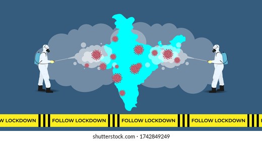 Vector Illustration For India Disinfectant During Lock Down, Whole India Sanitize For Deadly Covid 19 Disease, 
Global Attack Of Corona Virus