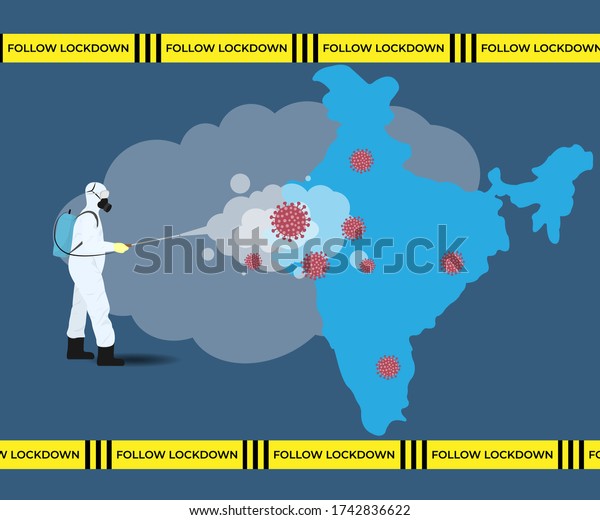Vector illustration for India disinfectant during\
lock down, whole India sanitize for deadly covid 19 disease,\
\
global attack of corona\
virus