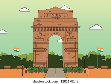 Vector illustration of India gate situated in delhi with flags around it.