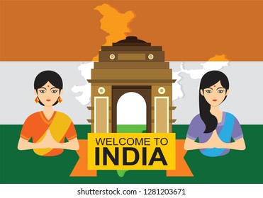 Vector illustration of India gate situated in Delhi with flags around it.
