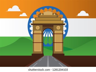 Vector illustration of India gate situated in delhi with flags in background of it.