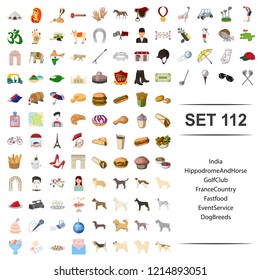 Vector illustration of india, hippodrome, horse, golf, club france country fast food event service dog breed icon set.