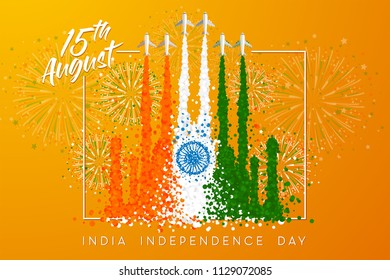 Vector Illustration for "India Independence Day" with the smoke of aircrafts transform to "Taj Mahal" the famous symbolic of India in the colors of Indian flag