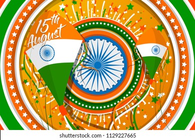 Vector Illustration for "India Independence Day" with two kites and fireworks in the colors of Indian flag