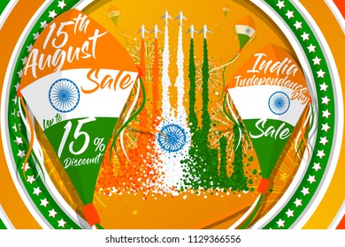 Vector Illustration for "India Independence Day" Sale Promotion with two kites for promotion tex in front of the smoke of aircrafts transform to "Taj Mahal" the iconic of India