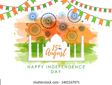 Vector illustration of India Independence day with holiday firework on watercolor background.