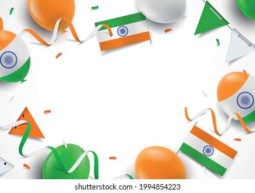 Ilustración vectorial del Día de la Independencia de la India. Fondo con globos, banderas
