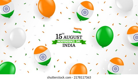 Ilustración vectorial del Día de la Independencia de la India. Antecedentes con globos y confeti.
