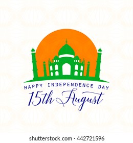Vector illustration of India Independence Day 15th August. Creative style felicitation card for indian people with sign, Taj Mahal on seamless background. Print web application.Typography greeting