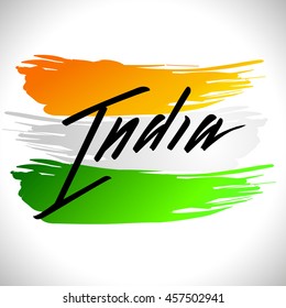 Vector illustration for the India Independence Day. Greeting card for celebration of India Independence Day with yellow green white National Indian Flag on a background with lettering India in black