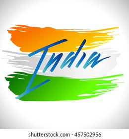 Vector illustration for the India Independence Day. Greeting card for celebration of India Independence Day with yellow green white National Indian Flag on a background with lettering India in blue