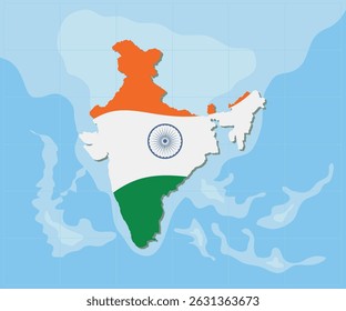 Ilustração vetorial do mapa da Índia preenchido com as cores da bandeira nacional indiana e Ashoka Chakra, colocado em um fundo azul do mapa do oceano.