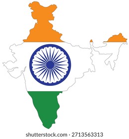 
Mapa de la Ilustración vectorial de la India lleno de tricolor y Ashoka Chakra. Aislado sobre fondo blanco. Perfecto para diseños patrióticos, geográficos y educativos.