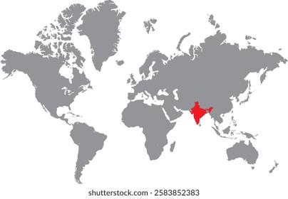 Vector illustration of India map highlighted in red color on grey world map on white background