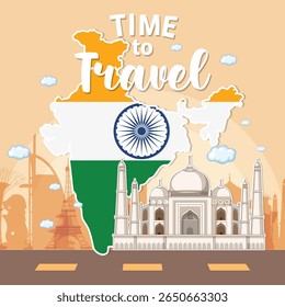 Vector illustration of India map and landmarks in vibrant colors. Features Taj Mahal and travel theme elements