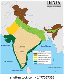 vector illustration of India map of physical division. Physiographic Divisions of India. Himalayan Regions. The Northern Plain. The Deccan Plateau. The Indian Desert. The Coastal Plains. 