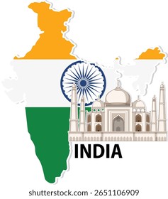 Vector illustration of India map with a prominent landmark. Vibrant colors and detailed design highlight cultural significance