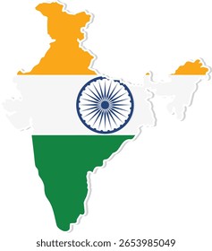 Vector illustration of India map in tricolor design with Ashoka Chakra. Clean lines and vibrant colors enhance visual appeal