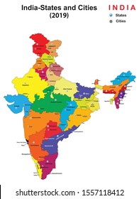 vector illustration of India new map in 2019 with states and cities name