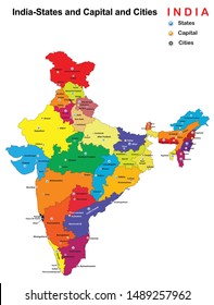 vector illustration of India states and capital and cities map