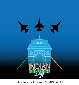 Ilustración vectorial del Día de la Fuerza Aérea de la India, celebrado el 8 de octubre. Cartel con avión de combate y piloto aéreo alejándose de él.