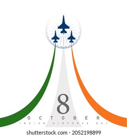 Vector Illustration of Indian Air Force Day observed on October 8. Banner with fighter planes flying. Tricolor Indian flag theme on white background.