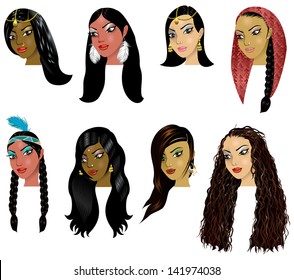Vector Illustration of Indian, Arab and Native American Women Faces. Great for avatars, makeup, skin tones or hair styles of various women.