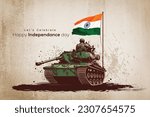 Vector illustration of Indian army day. Soldiers on fighter tank with tricolor flag and saluting celebrating victory