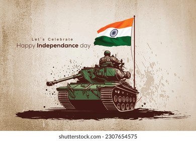 Vector illustration of Indian army day. Soldiers on fighter tank with tricolor flag and saluting celebrating victory