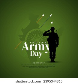 Vector illustration of Indian army day. Silhouette of soldier saluting concept on military green background.